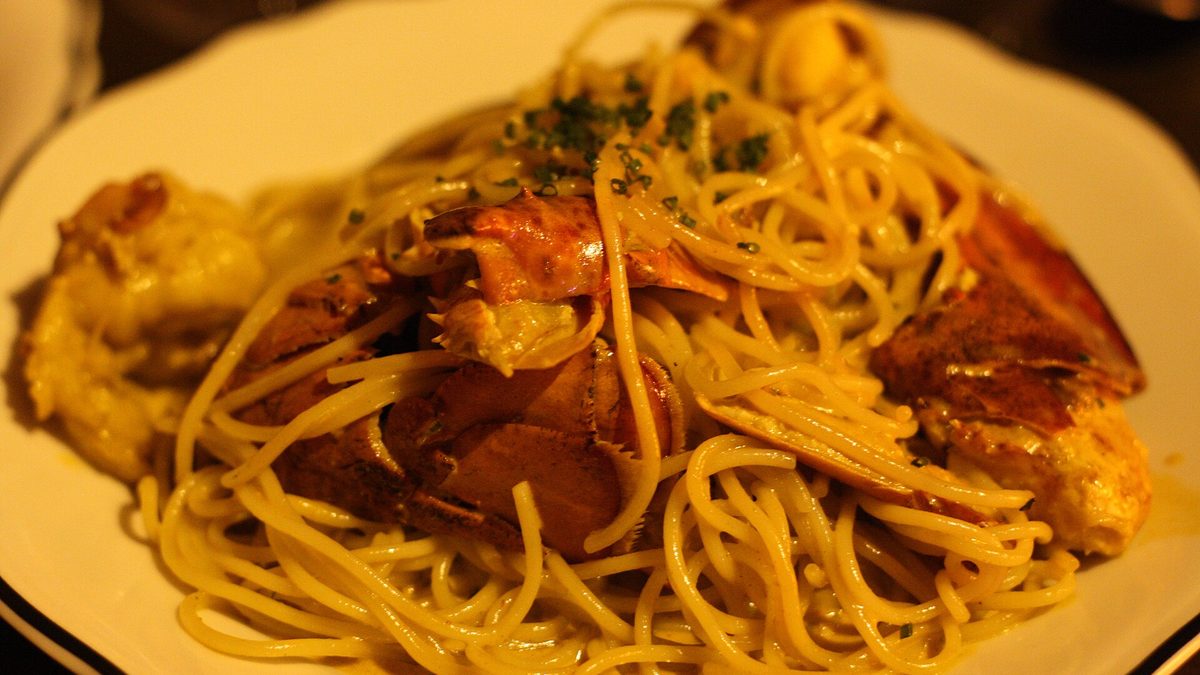 Lobster pasta, representative of the seafood